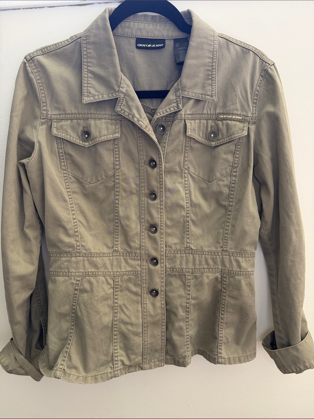 DKNY Light Olive Button-Front Jean Jacket